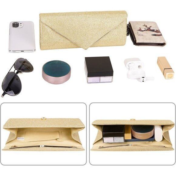 Women's Gold  Clutch Purses Sparkling Envelope Evening Bag Detachable Chain - Picture 5 of 9